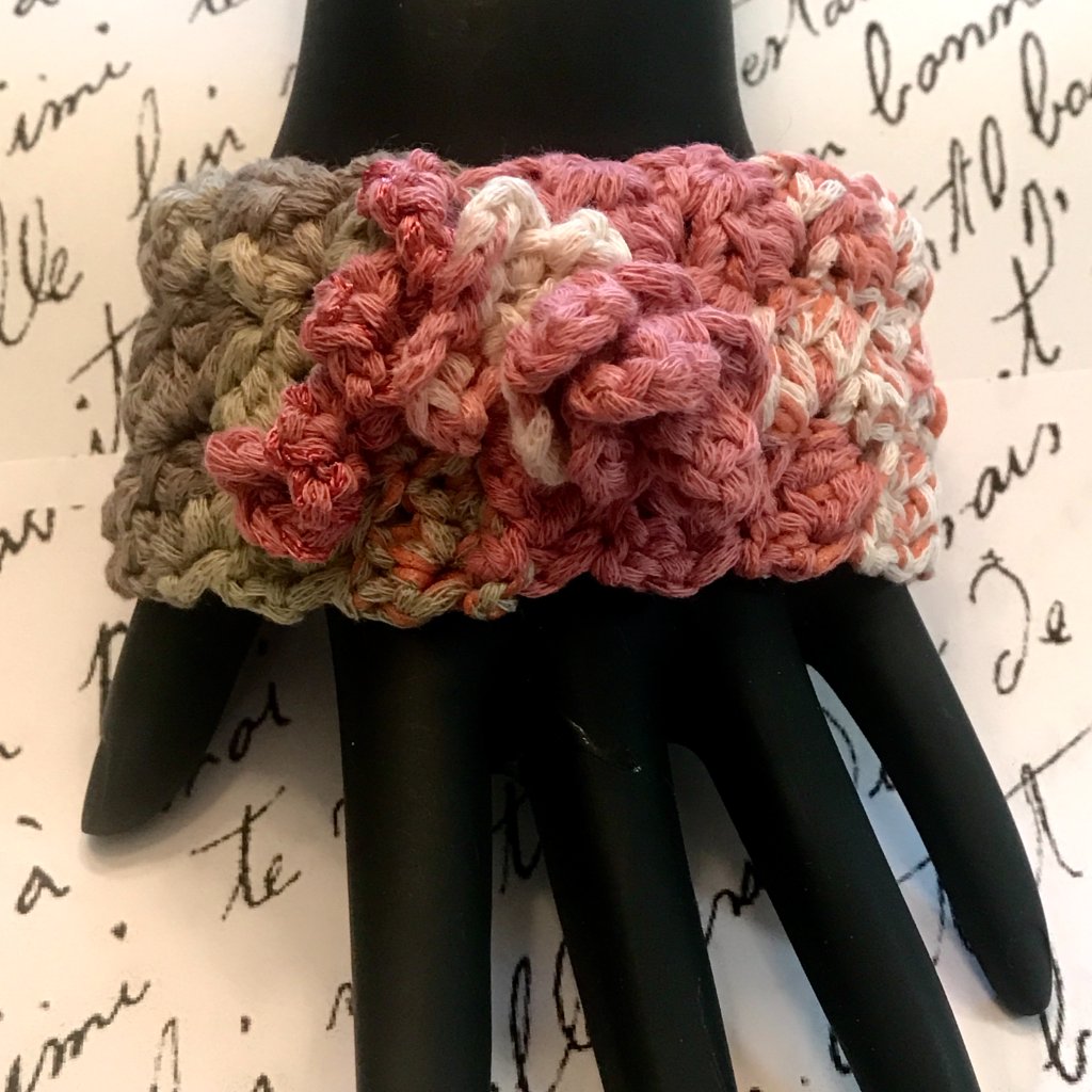 Handmade Slip-On Cuff In Soft Pastel Shades Embellished With A Flower & Vine